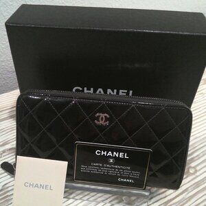 Chanel Classic Black Matelasse Long Patent Leather Wallet